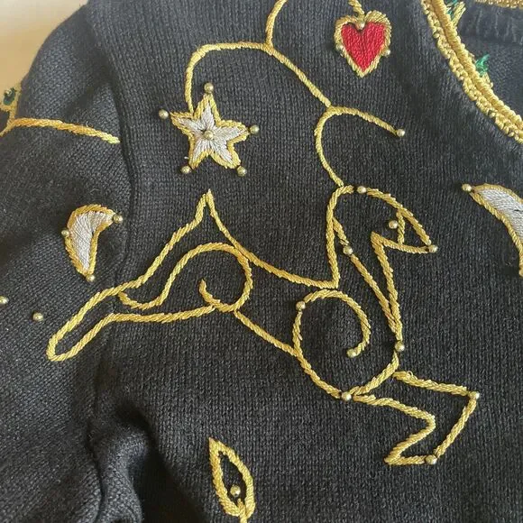 Vintage 1998 Michael Simon Christmas Cardigan Womens L Black Gold Trim Beaded - Picture 4 of 14